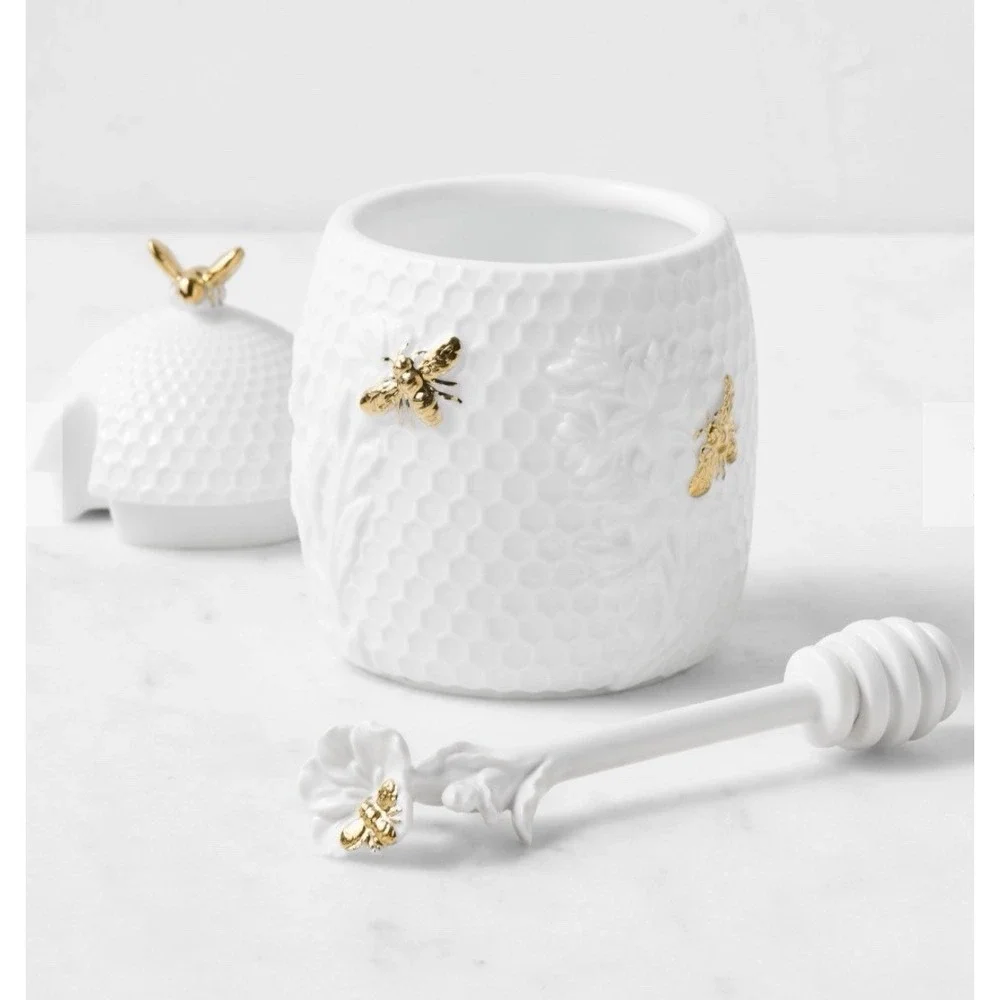 Williams Sonoma Honeycomb Porcelain Honey Pot, Dipper & Spoon Rest Set W Box 4pc